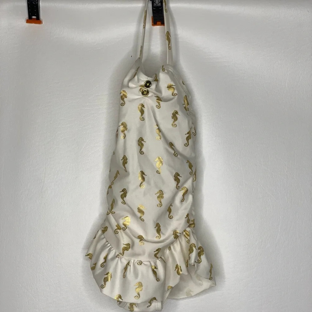 Janie and Jack toddler girls white gold seahorse halter bathing swim suit Sz 2T